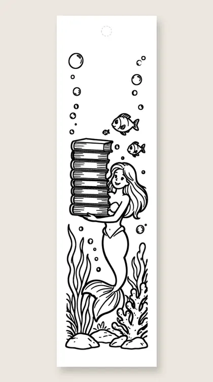 Mermaid carrying a book stack: mermaid coloring bookmark