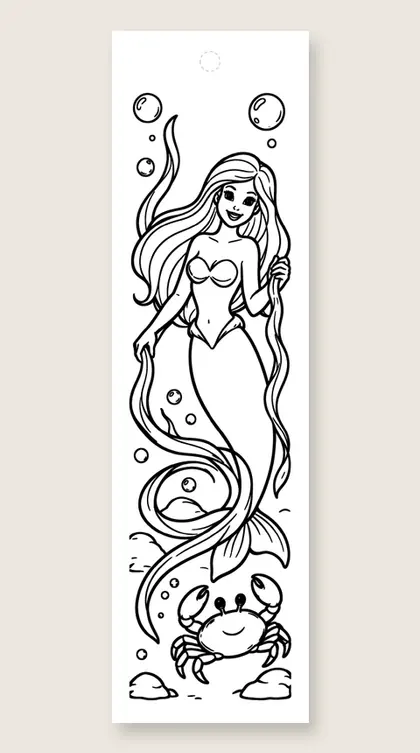 Mermaid with seaweed ribbon: coloring bookmark
