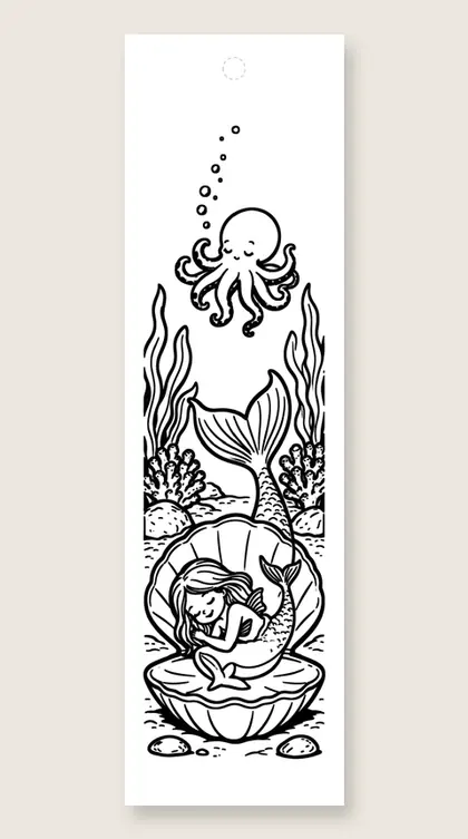 Baby mermaid sleeping in clam: coloring bookmark