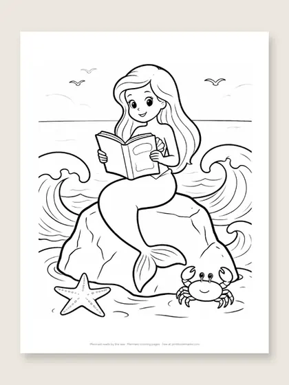 Mermaid reads by the sea: mermaid coloring page