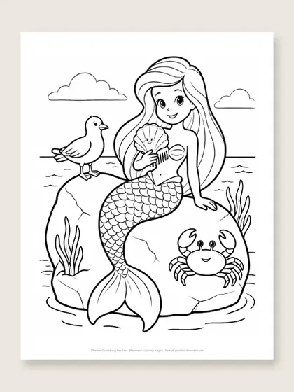 Mermaid combing her hair: mermaid coloring page