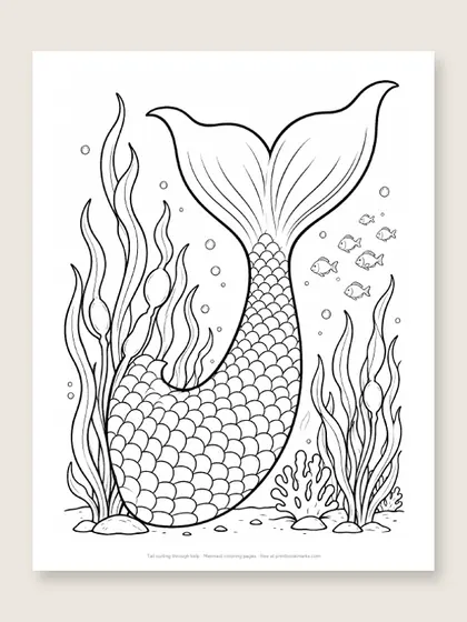 Tail curling through kelp: mermaid coloring page