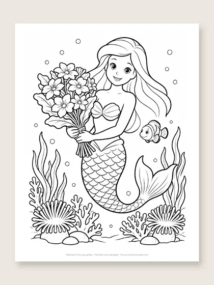 Mermaid in the sea garden: mermaid coloring page