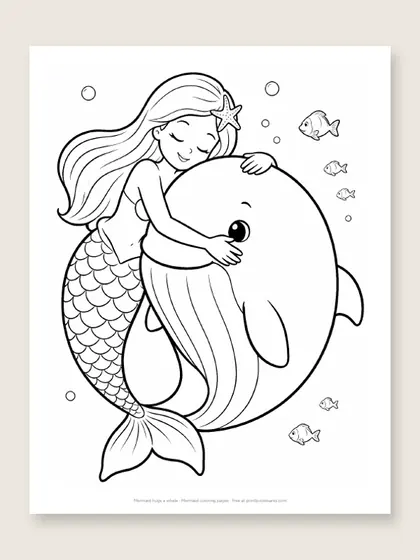 Mermaid hugs a whale: mermaid coloring page