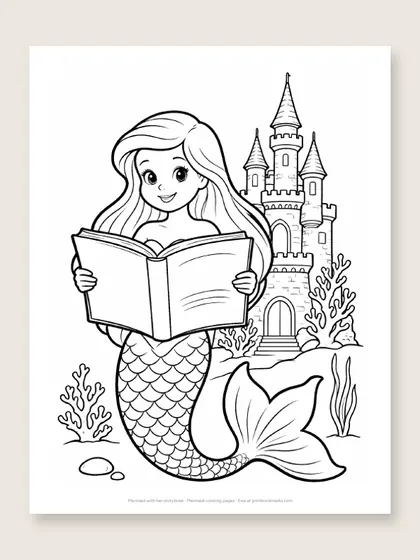 Mermaid with her storybook: mermaid coloring page