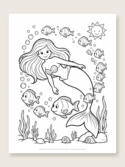 Swirl of fish and mermaid: mermaid coloring page