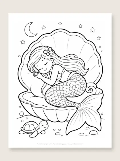 Mermaid sleeping in a shell: mermaid coloring page