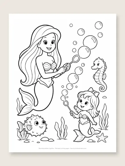 Blowing bubbles together: mermaid coloring page