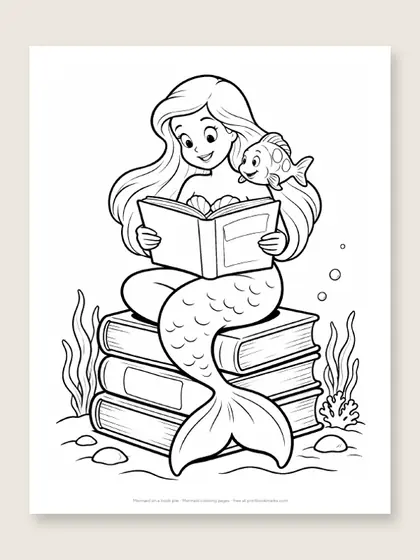 Mermaid on a book pile: mermaid coloring page