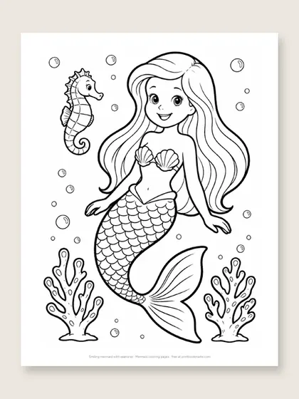 Smiling mermaid with seahorse: mermaid coloring page