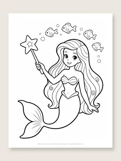 Mermaid with a star wand: mermaid coloring page
