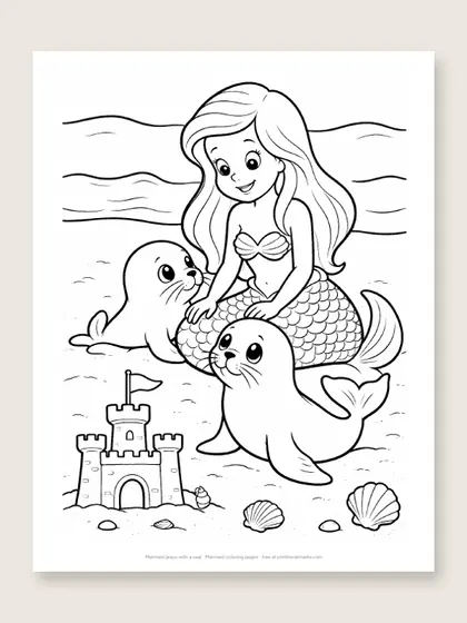 Mermaid plays with a seal: mermaid coloring page