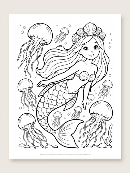 Mermaid among the jellyfish: mermaid coloring page
