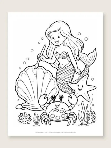 Mermaid paints a shell: mermaid coloring page