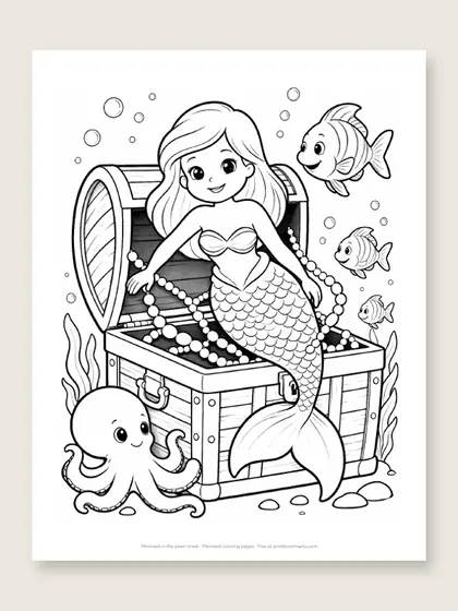 Mermaid in the pearl chest: mermaid coloring page