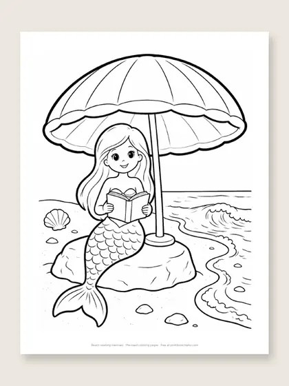 Beach reading mermaid: mermaid coloring page