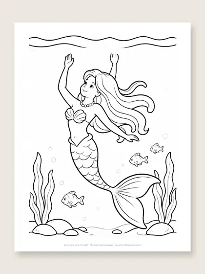 Swimming up to the light: mermaid coloring page
