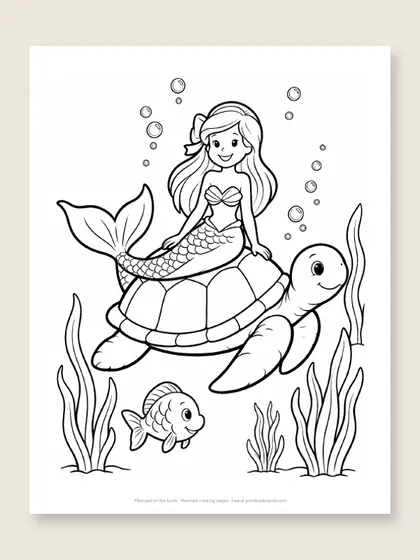 Mermaid on the turtle: mermaid coloring page