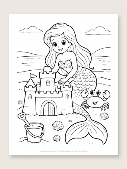 Mermaid builds a sandcastle: mermaid coloring page