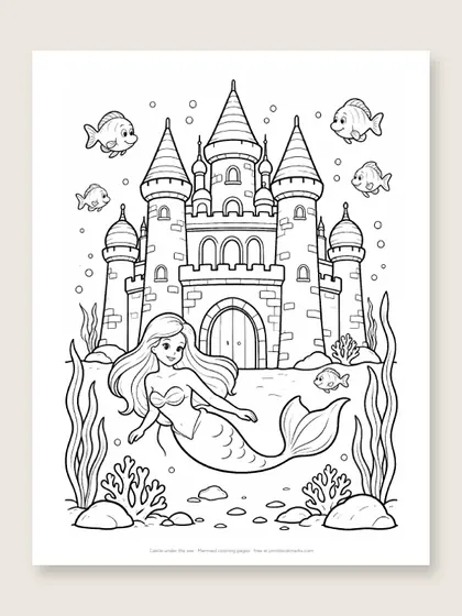 Castle under the sea: mermaid coloring page