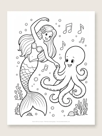 Dance with an octopus: mermaid coloring page