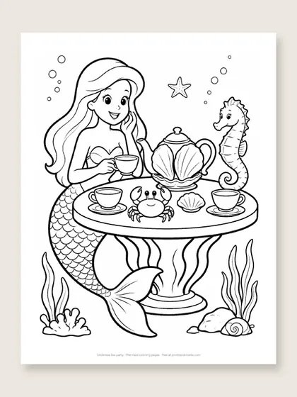 Undersea tea party: mermaid coloring page