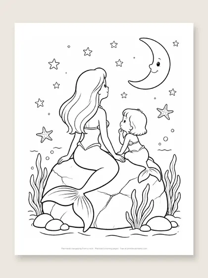 Mermaids stargazing from a rock: mermaid coloring page