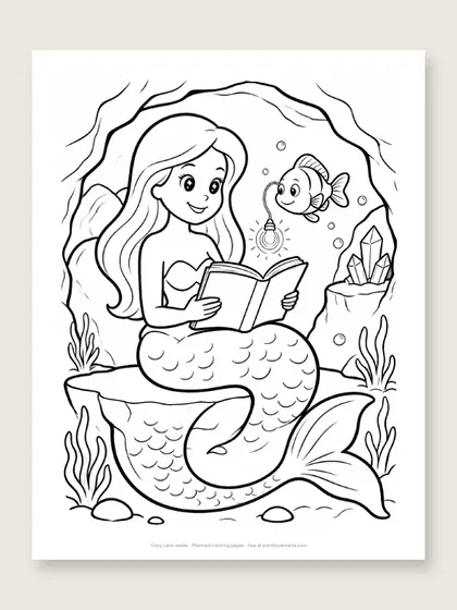Cozy cave reader: mermaid coloring page