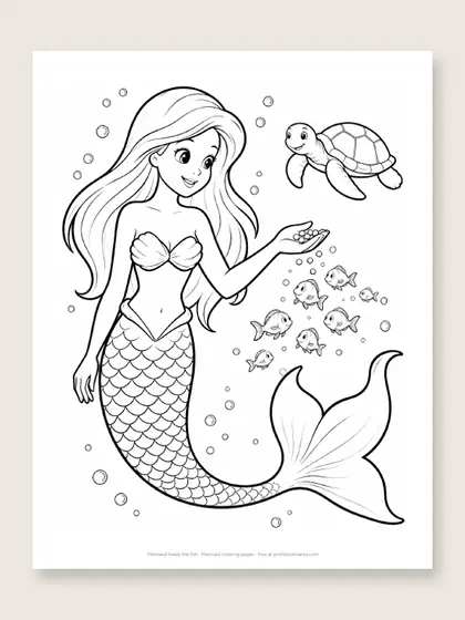 Mermaid feeds the fish: mermaid coloring page