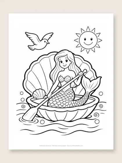 Shell boat adventure: mermaid coloring page