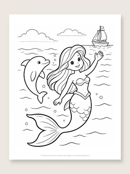 Mermaid waves at a ship: mermaid coloring page