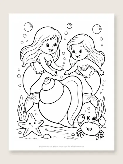 Baby mermaids at play: mermaid coloring page