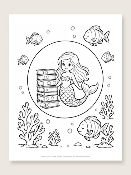 Reading inside a bubble: mermaid coloring page