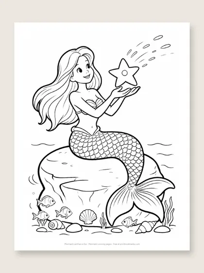 Mermaid catches a star: mermaid coloring page