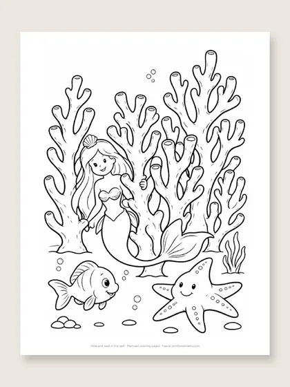 Hide and seek in the reef: mermaid coloring page