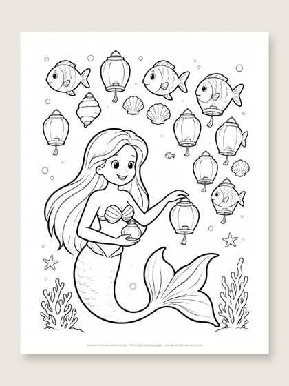 Lantern festival under the sea: mermaid coloring page