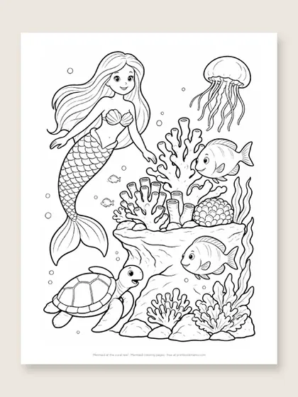 Mermaid at the coral reef: mermaid coloring page