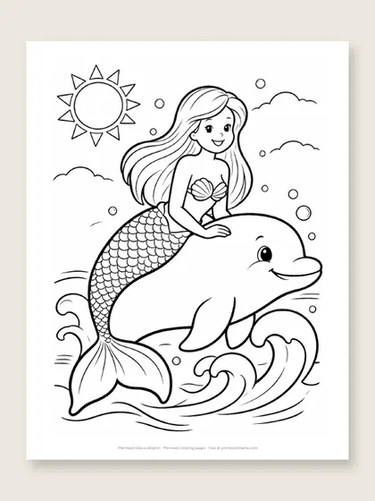 Mermaid rides a dolphin: mermaid coloring page