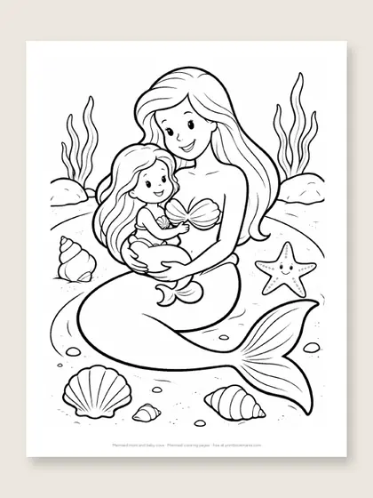 Mermaid mom and baby cove: mermaid coloring page