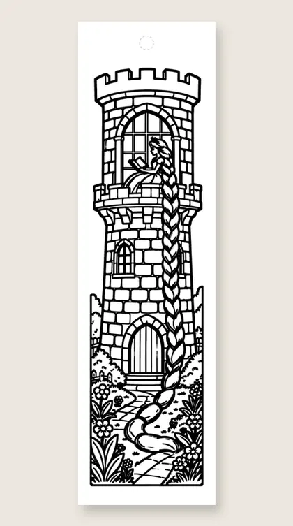 Princess reading in the tower: coloring bookmark