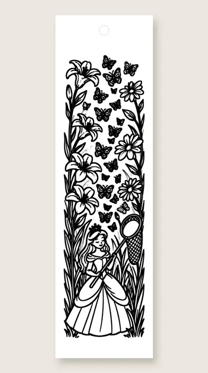 Princess catching butterflies: princess coloring bookmark