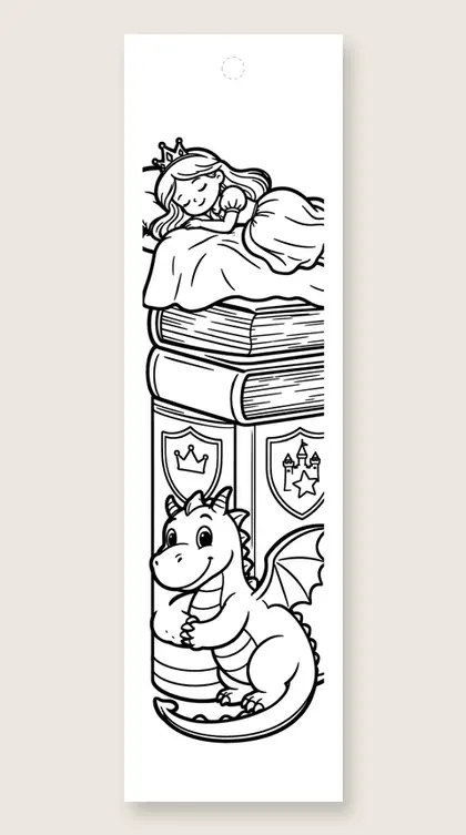 Sleepy princess on books: princess coloring bookmark