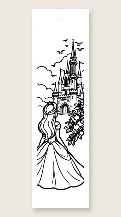 Looking up at the castle: princess coloring bookmark