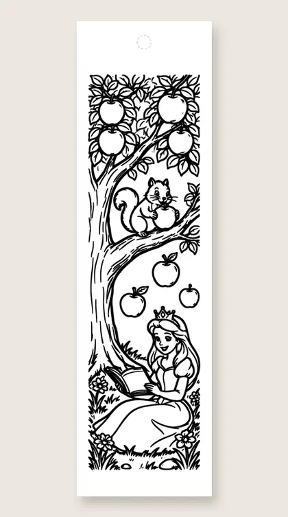 Reading under the apple tree: princess coloring bookmark