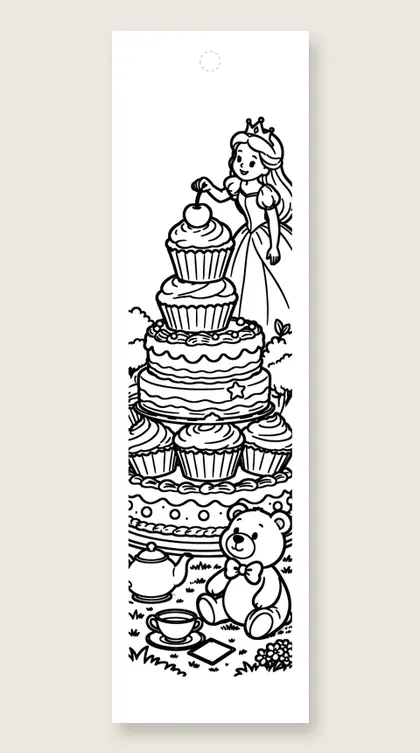 Tea party cake tower: princess coloring bookmark