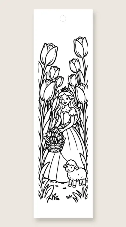 Spring tulips and a lamb: princess coloring bookmark