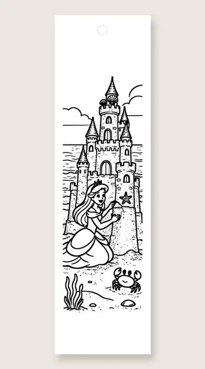 Sand castle on the beach: princess coloring bookmark