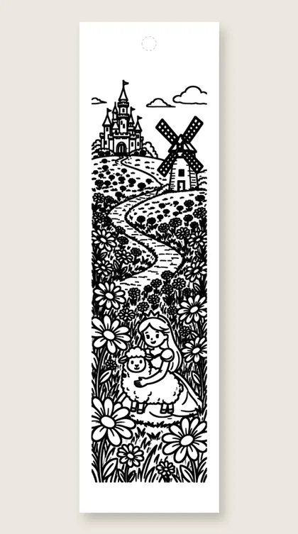 Daisy field and a sheep: princess coloring bookmark