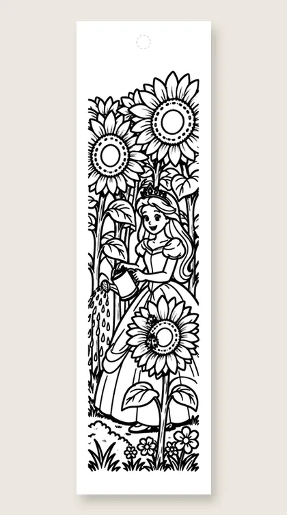 Watering giant sunflowers: princess coloring bookmark