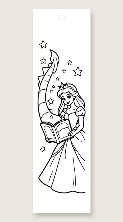 Dragon tale and stars: princess coloring bookmark